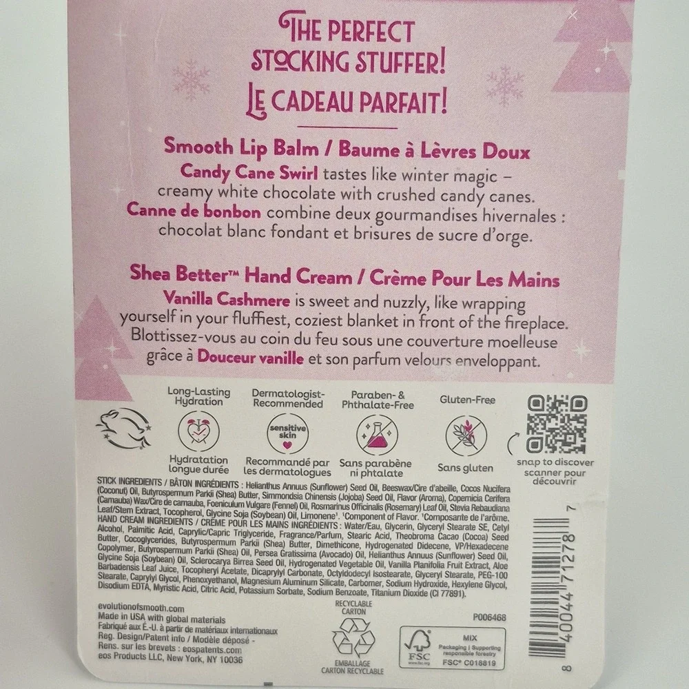 EOS Candy Cane Swirl Lip Balm & Vanilla Cashmere Hand Cream Lotion Holiday